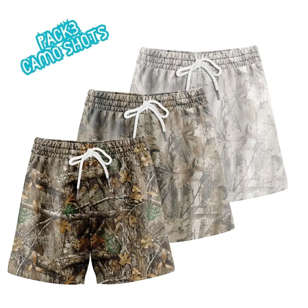 OPRINT Men’s Woodland Camo Mesh Shorts 3-Pack - 5-Inch Lightweight Breathable Polyester Mid-Waist Athletic Gym Shorts, Realtree Camouflage Casual Outdoor Summer Activewear, Gift for Him, Men's Gym Shorts