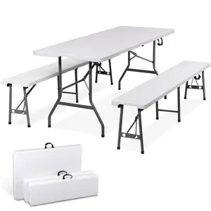 Zeny 6FT Picnic Table Set with 2 Benches 3-Piece Folding Camping Table Bench Set for Indoor Outdoor Use with Handles White All-Weather HDPE & Steel Frame