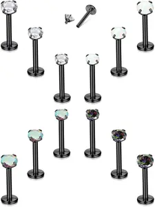 12-Piece Set of 16G Helix and Trago Piercings for Women, Surgical Stainless Steel, Lip Rings, Threaded Labret Studs, Cartilage Studs, Clear CZ Opal Flat-Back Earrings, Monroe and Medusa Piercing Jewelry Set