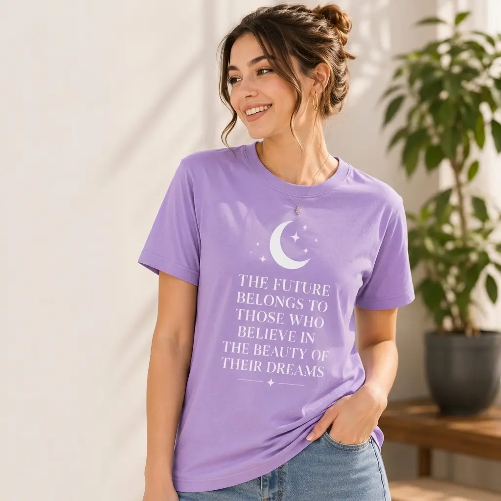 Women's Fitted Lilac Short-Sleeve Round Neck T-Shirt - Elegant Casual Top with Caption & Half Moon Design, Pair with Jeans or Skirts, Shortsleeve
