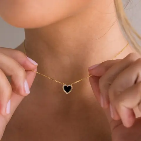 Pave Onyx Heart Necklace by Caitlyn Minimalist - Dainty 18K Gold Plated Charm Necklace - Black Cubic Zirconia Puff Heart Necklace - Holiday Gifts for Her