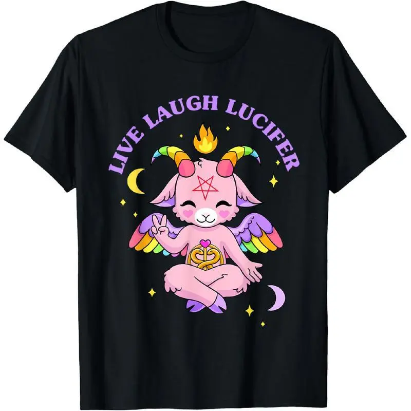 Men's Unisex Live Laugh Lucifer Cute Baphomet Streetwear Short-Sleeve T-Shirt, Black, Breathable Everyday Fabric, Casual Fit Lightweight Tee, Shortsleeve, Graphic, Tshirt, Basic