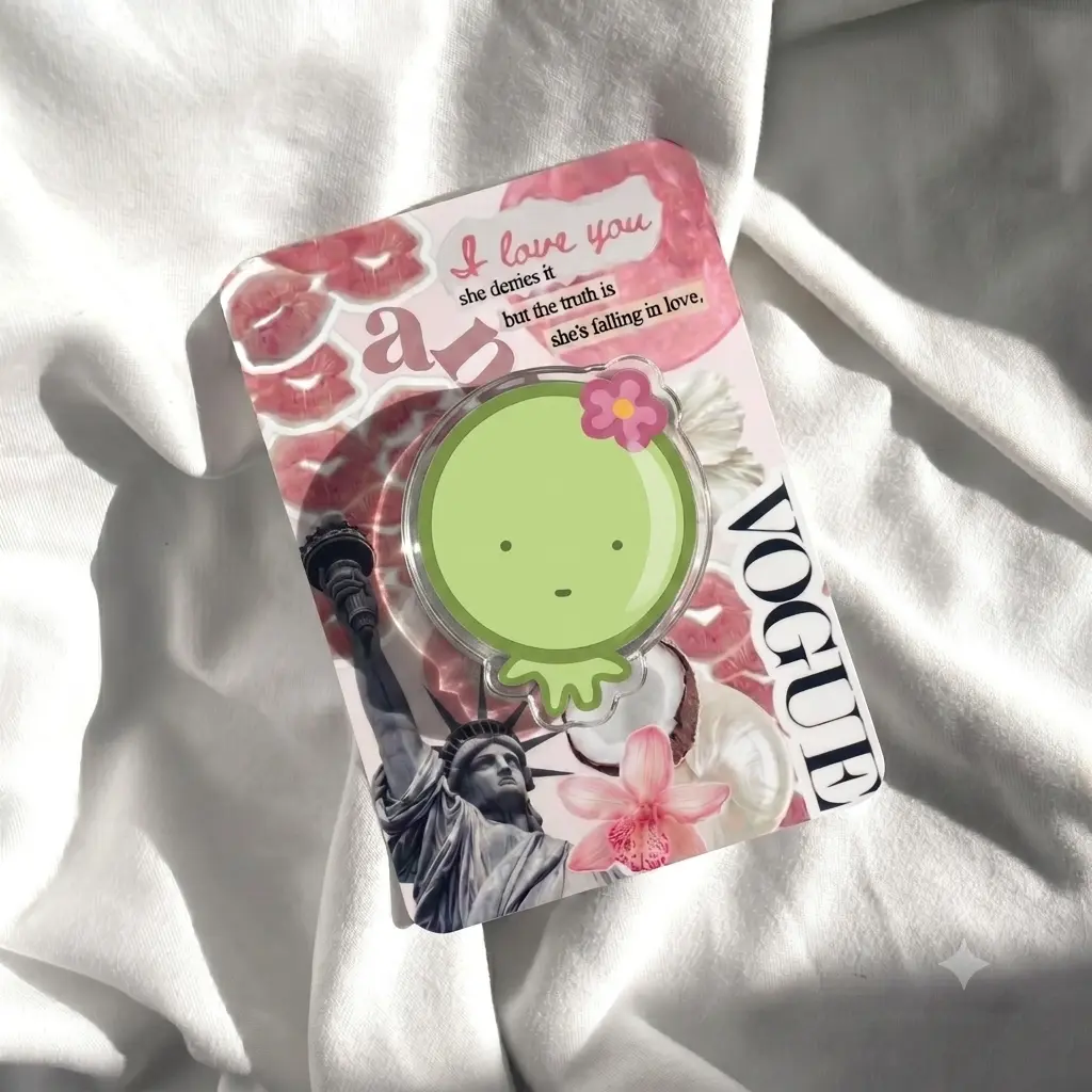 Cute Matcha Bean Phone Grip, Kawaii Green Sprout with Pink Flower Acrylic Holder, Derpy Minimalist Plant Character Griptok, Quirky Aesthetic Cell Phone Stand Accessory