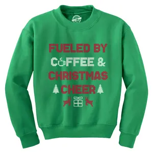 Fueled By Coffee and Christmas Cheer Crewneck Sweatshirt Funny Xmas Caffeine Lovers Longsleeve Funny Sweater Christmas Crew Neck Funny Coffee Long Sleeve Crew Novelty Sweatshirts for Men Green -