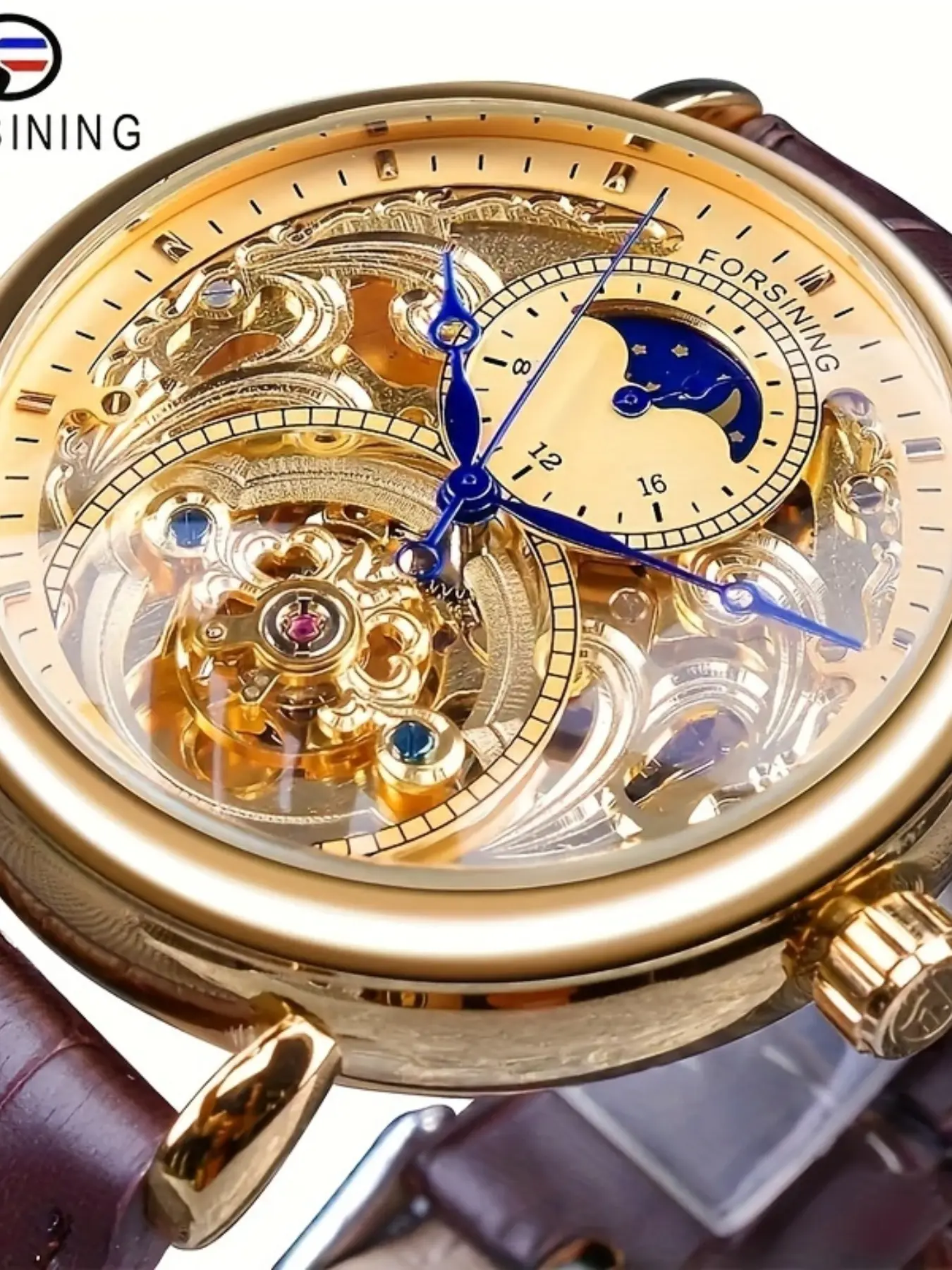 Forsining Vintage Men's Skeleton Mechanical Watch with Tourbillon Moon Phase, Analog Watch, Hands Stylish Casual Business Gift, Fashion Watch, Fashionable Stylish Watch, Analog Mechanical Watches