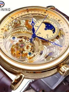 Forsining Vintage Men's Skeleton Mechanical Watch with Tourbillon Moon Phase, Analog Watch, Hands Stylish Casual Business Gift, Fashion Watch