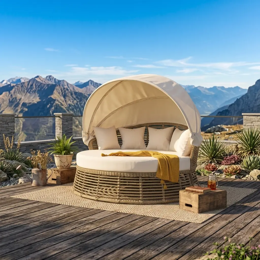 Outdoor Wicker 3-Seater Circular Daybed with Retractable Canopy - Retractable Shade Cloth, All-Weather Rattan, Washable Cushions, Rustic Look, Needs Assembly for Backyard, Pool