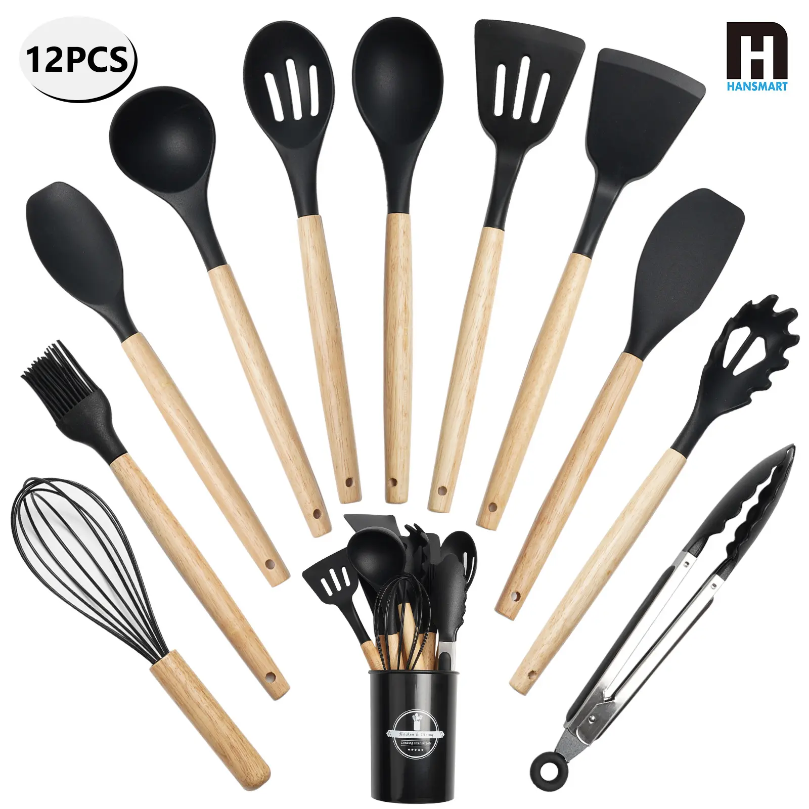 Hansmart 12-Piece Kitchen Utensil Sets, 446°F Heat-Resistant Silicone Cooking Tools, Non-Toxic Wooden Handles, Essential Accessories for Nonstick Cookware