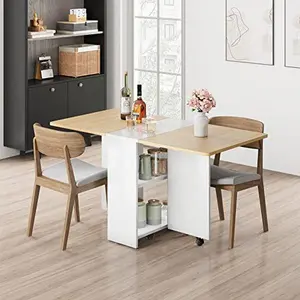 Folding Drop Leaf Dining Table with 6 Wheels & 2-Tier Storage Shelf, Space Saving Kitchen Table for Small Spaces, Studio Apartments, and Dorm Rooms