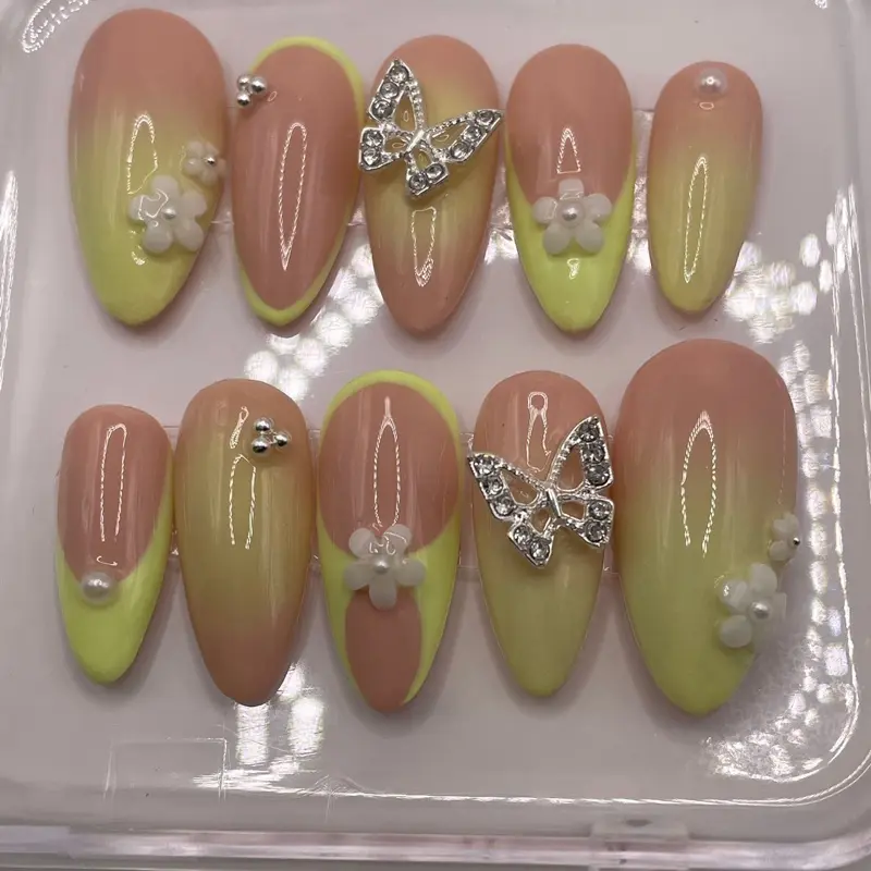 Handmade Yellow Ombré Press On Nails with White Flowers,Pearls & Butterfly Gems, Application Kit Included