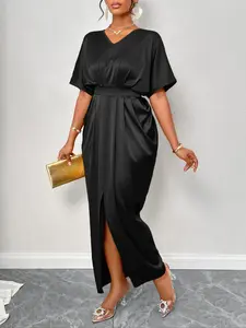 Women's Solid V Neck Batwing Satin Dress, Elegant Formal Dress for Party Holiday Wedding Guest, Ladies Clothes for All Seasons