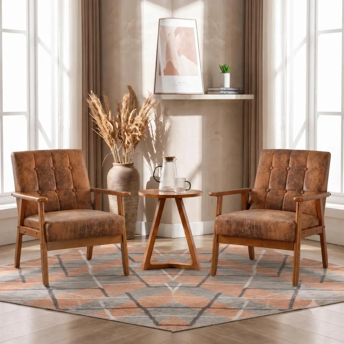 PU Leather Accent Chair Set of 2, Mid-Century Modern Armchair with Solid Wood Armrests, Button-Tufted Comfortable Cushioned Reading Chairs for Living Room, Bedroom
