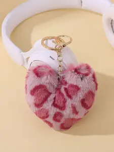 Plush Heart Keychain Colorful Leopard Print Fur Ball Charm, Cute Peach Heart Bag Pendant, Soft Plush Accessories for Bags, Keychain Jewelry, Keychain Kawaii, Fuzzy Keychain