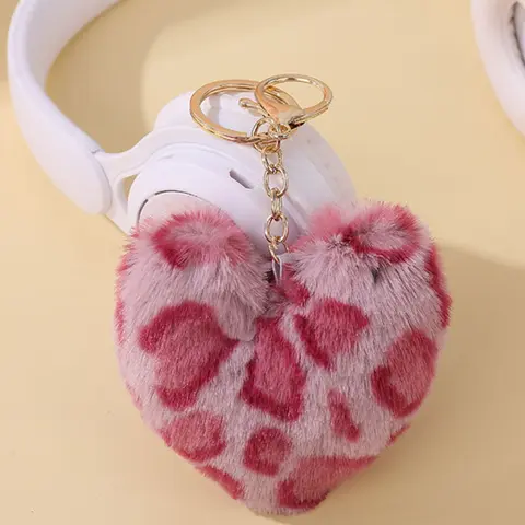 Plush Heart Keychain Colorful Leopard Print Ball Charm, Cute Peach Heart Bag Pendant, Soft Plush Accessories for Bags Cute Soft Keychains