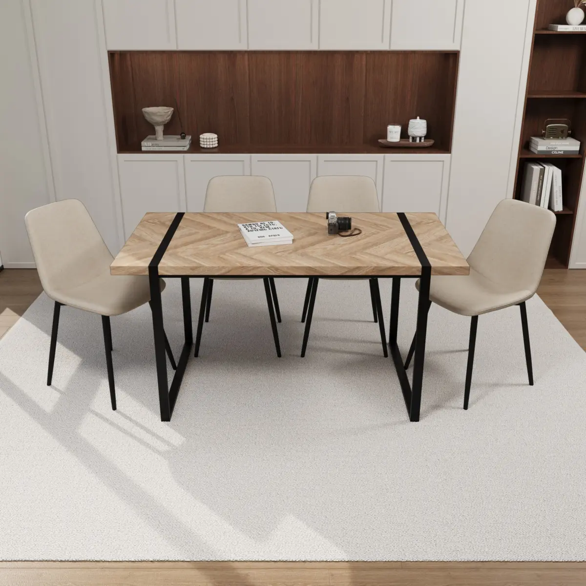 59" MDF light wood dining table and modern dining chair 4-piece set, medieval wooden kitchen dining table set, rectangular metal base, dining table and suede chair
