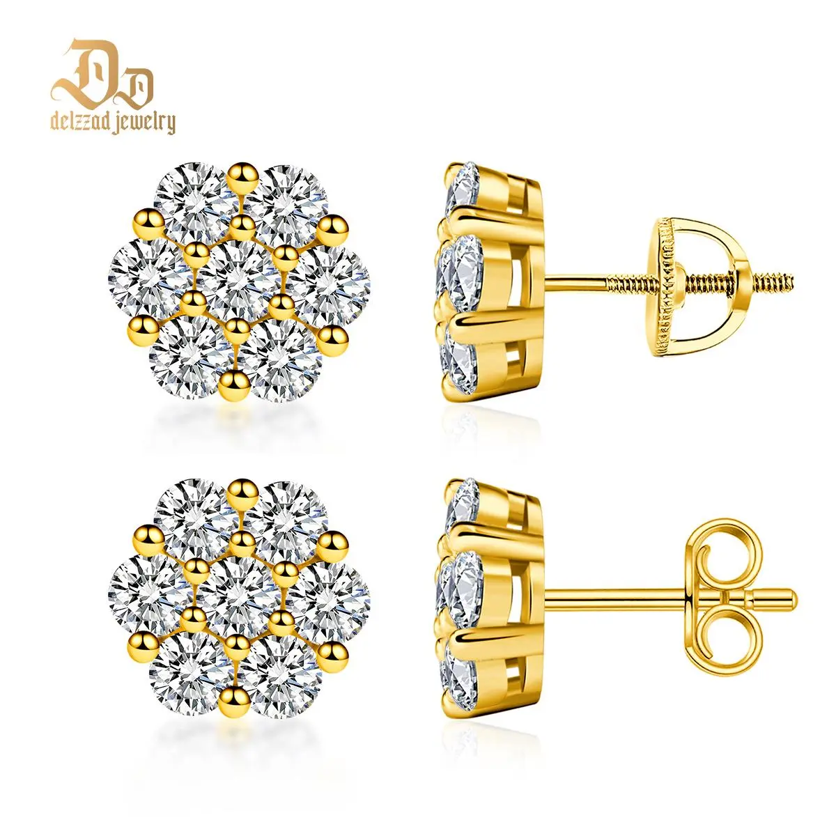 Delzzad 18k Gold-Plated Flower Stud Earrings D Color VVS Synthetic Moissanite Stud Earrings Screw Back/Butterfly Back S925 Studs Birthday Anniversary Mother's Day Christmas Gifts for Men Women Studearrings
