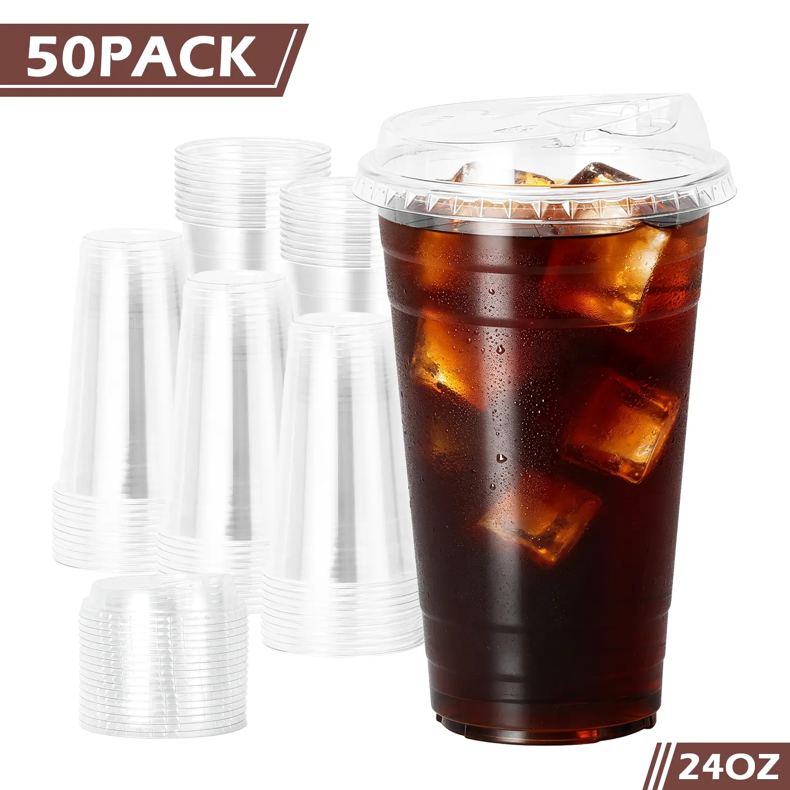 50-Pack 24oz BPA-Free Recyclable PET Bulk Takeout Tumblers - Clear Disposable Cups with Strawless Sip Lids, Leak-Proof To-Go Drinkware for Iced Coffee, Outdoor Camping
