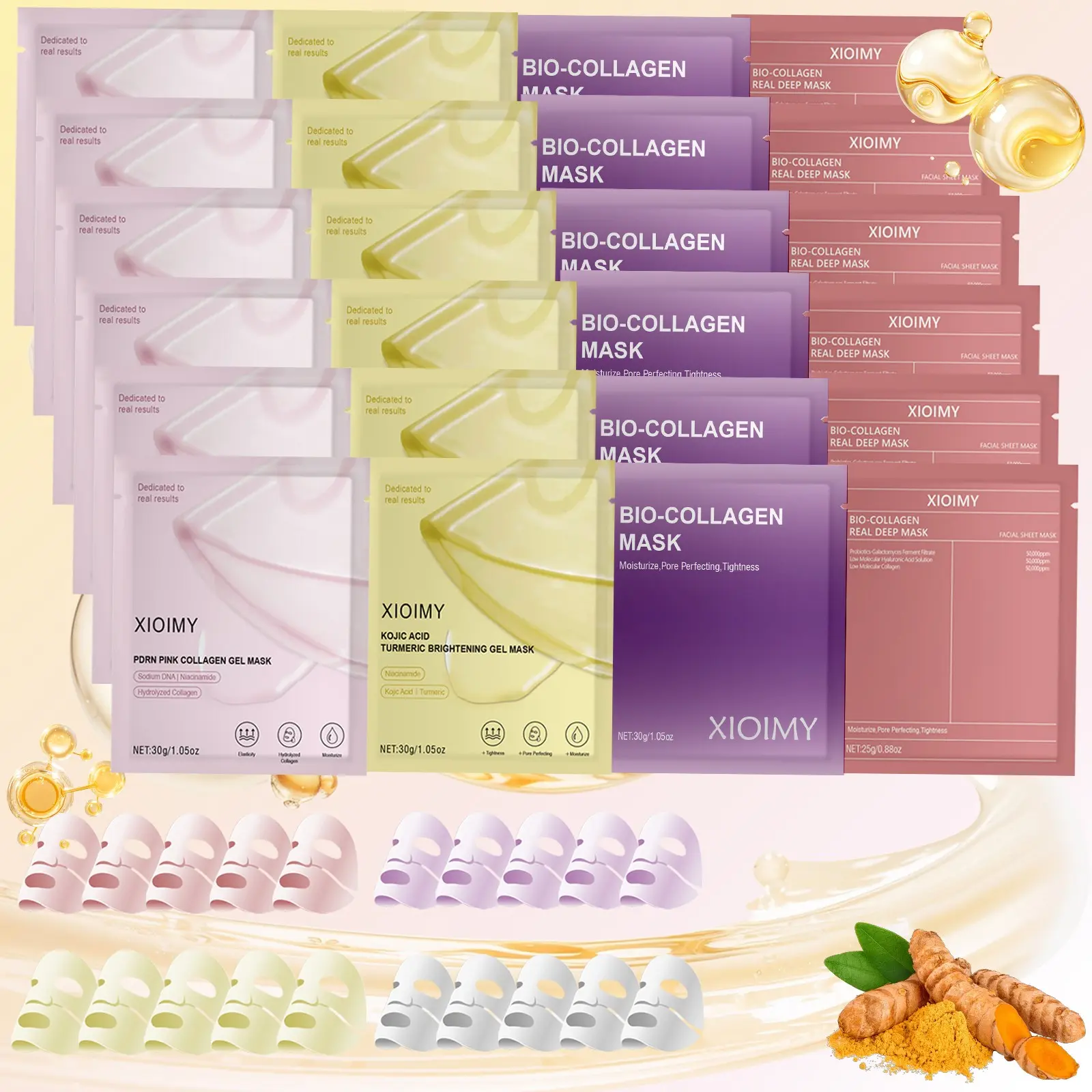 20pcs Bio Collagen Face Mask Salmon Dna Turmeric Multifunctional Mask Set, Hydration Mask, Hydrating Firming Brightening, Deep Moisturizing, Boosts Skin Elasticity, Instant Brightening, Facial Care, Collagen Gel Mask