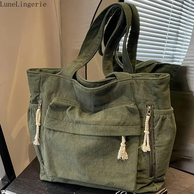 Lune Women's Large Capacity Corduroy Tote Bag - Heavy Duty, Multi Compartment, Fixed Strap, Zipper Closure - Camping Hiking Travel Everyday Tote Bags (Olive Green, Navy), Everyday Bag