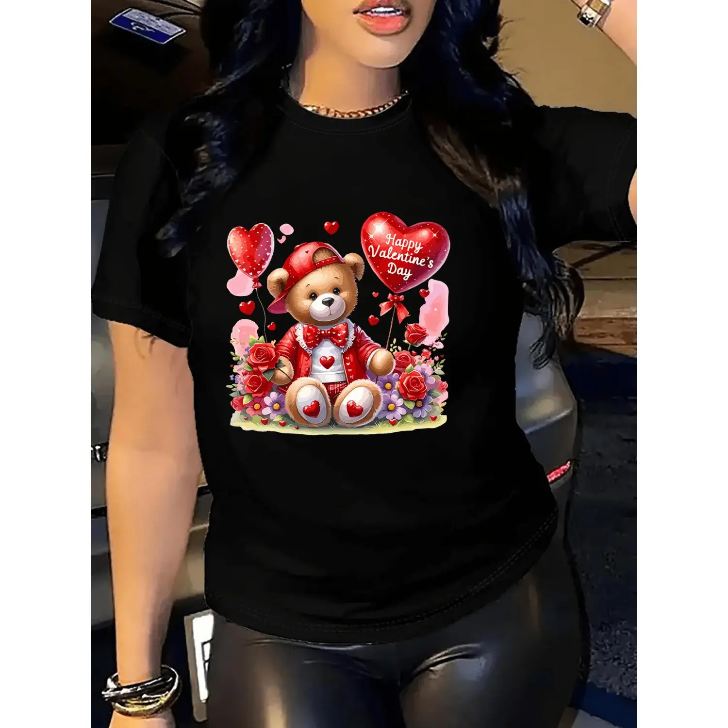 Valentines Day Womens Cute Teddy Bear and Heart Print TShirt Soft Round Neck Casual Top with Adorable Bear and Heart Design Machine Washable Blouse for Spring Summer Fall Casual Wear or Valentines Gift Comfortable Fabric