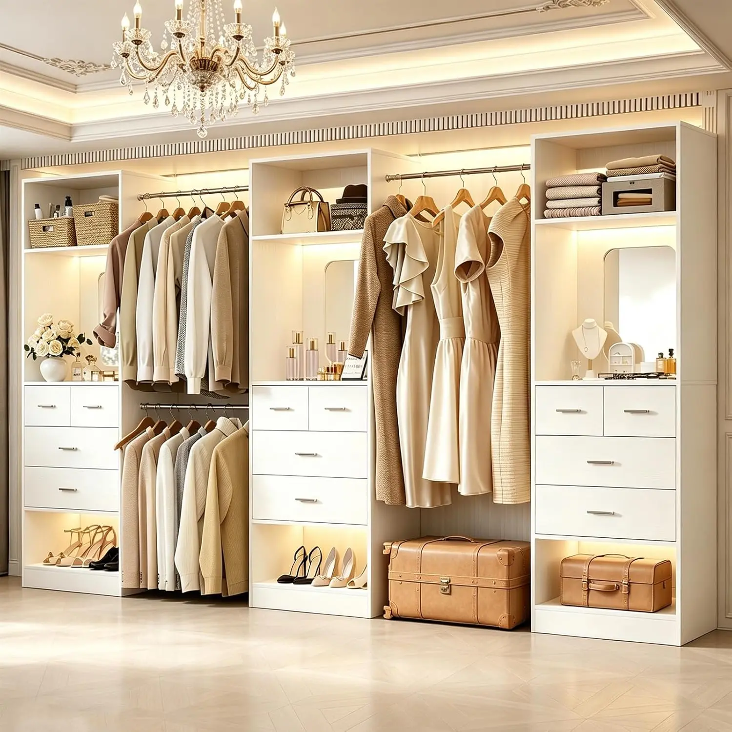 Unikito Closet System with 12 Drawers and 3 Built-in Mirrors, 8.5-16.1ft Large Wood Closet Organizer System, Walk-in Closet Wardrobe with 3 Expandable Hanging Rods, Modular Garment Rack