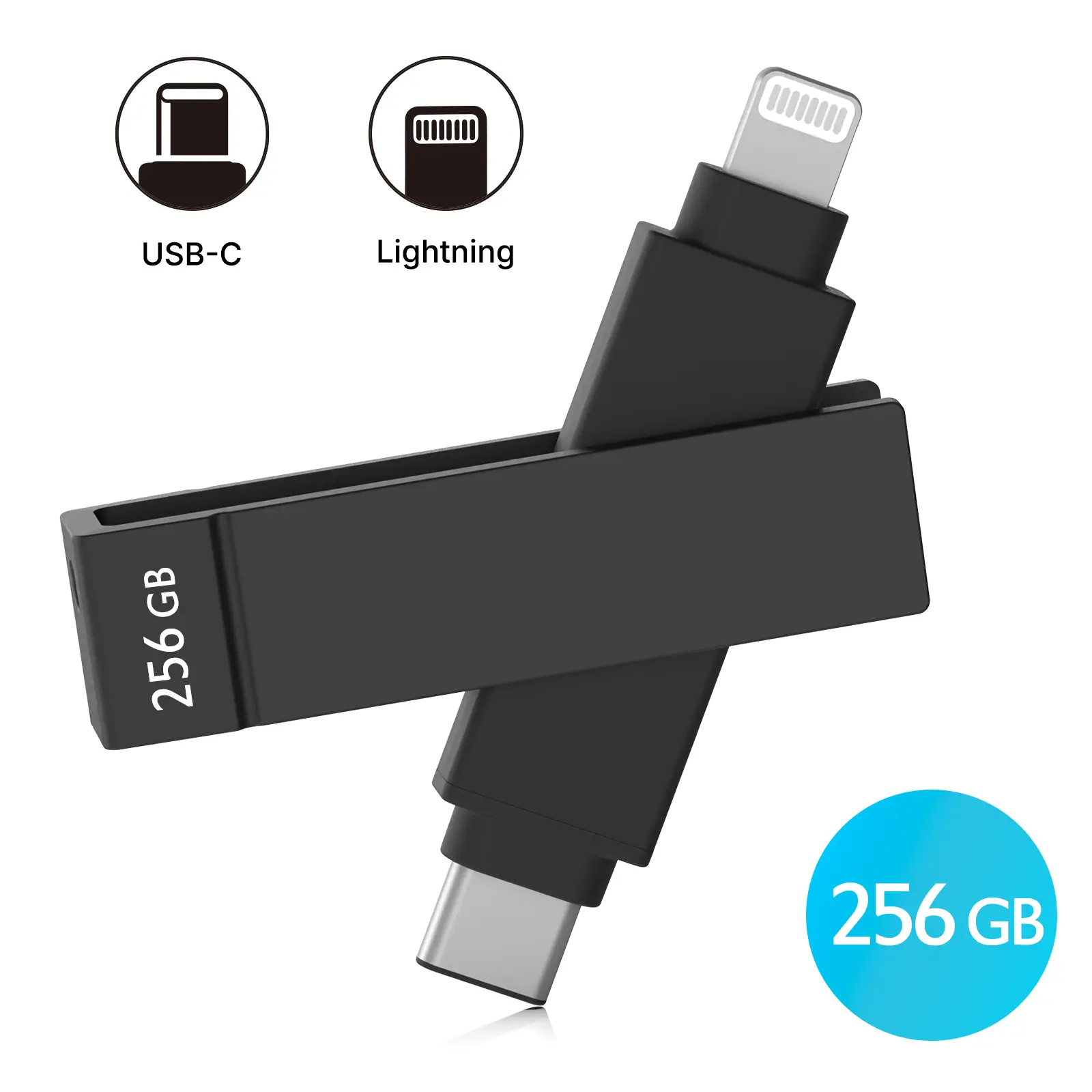 iXflash 256GB Lightning & USB C 3.2 Photo Stick Flash Drive for iPhone, iPad, Mac, & PC - Black