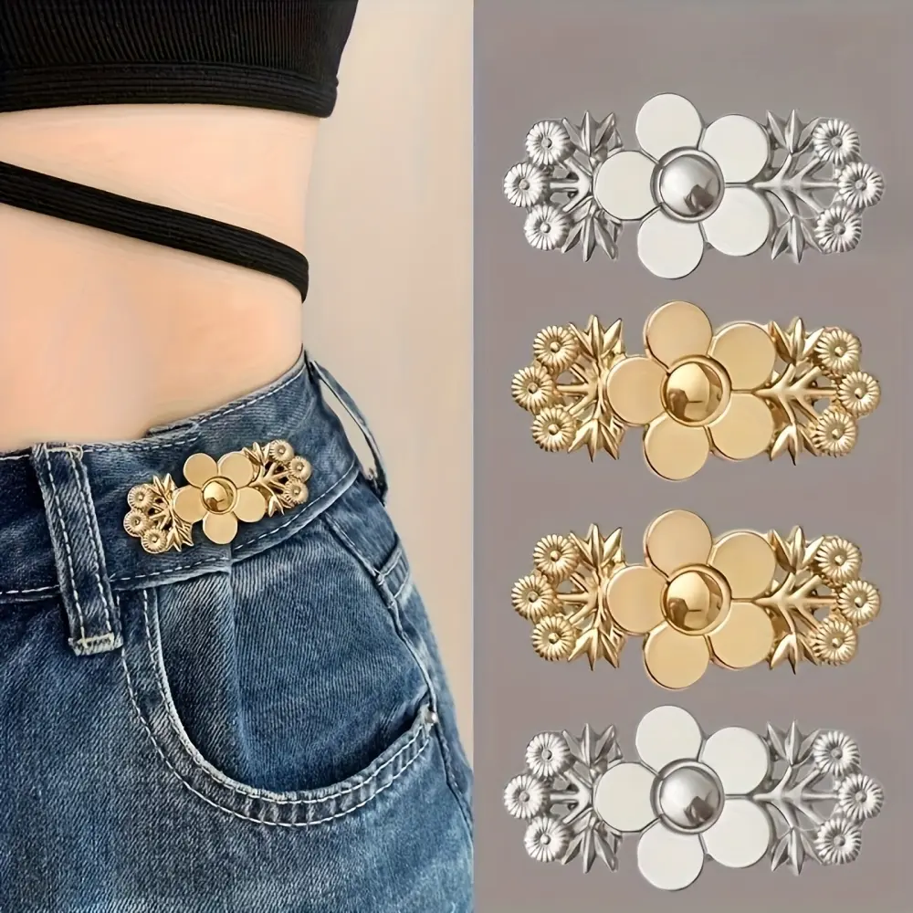 4-Pack Ready Alloy Golden Floral Waistband Tightener - Snap-On Jeans Button Pins, No-Sew Quick Fix for Loose Jeans, Metal Denim Waist Upgrade Flower Clasp