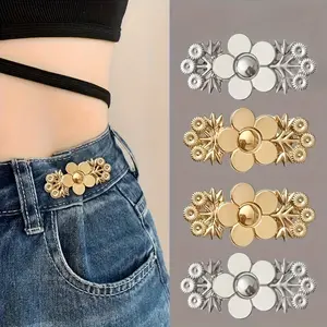 4-Pack Golden Floral Adjustable Waistband Tightener, Snap-On Jeans Button Pins, Metal Waist Reducer, No Sew Instant Fit Denim Flower Clasp