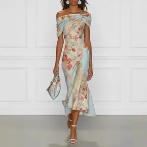 Elegant Bodycon Maxi Dress, Sexy Sleeveless Off Shoulder Floral Print Long Casual