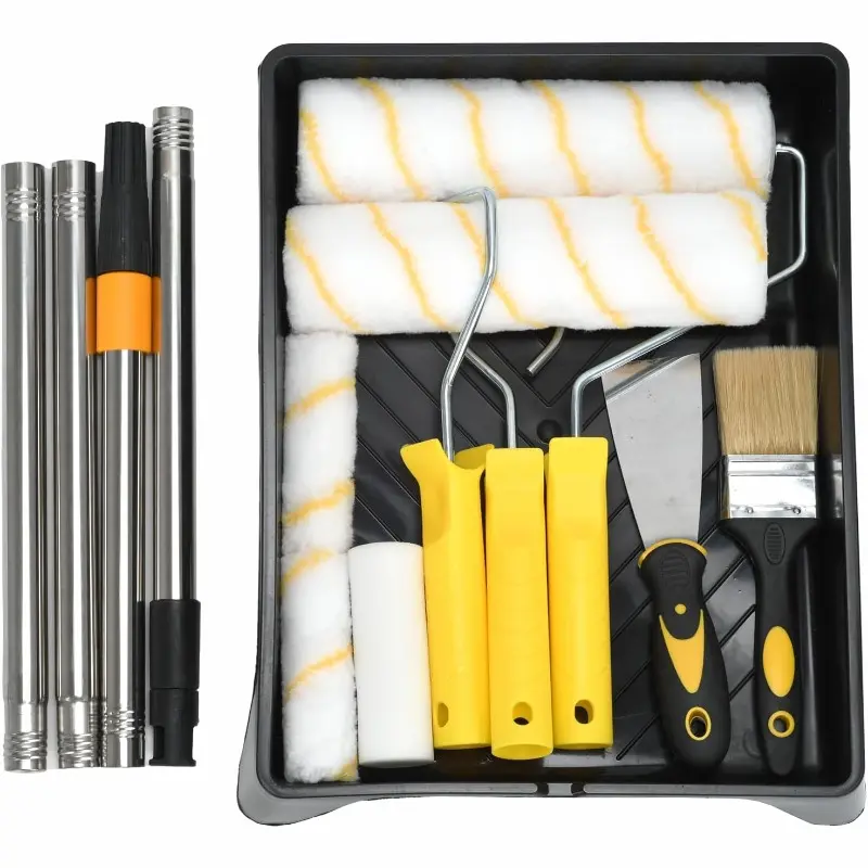 13pcs Paint Roller Set | Microfiber Rollers, Paint Tray, Brush, Squeegee, Extension Pole up to 47.24inch | Ideal for Walls, Ceilings, Furniture | Streak-Free End for Latex Paint