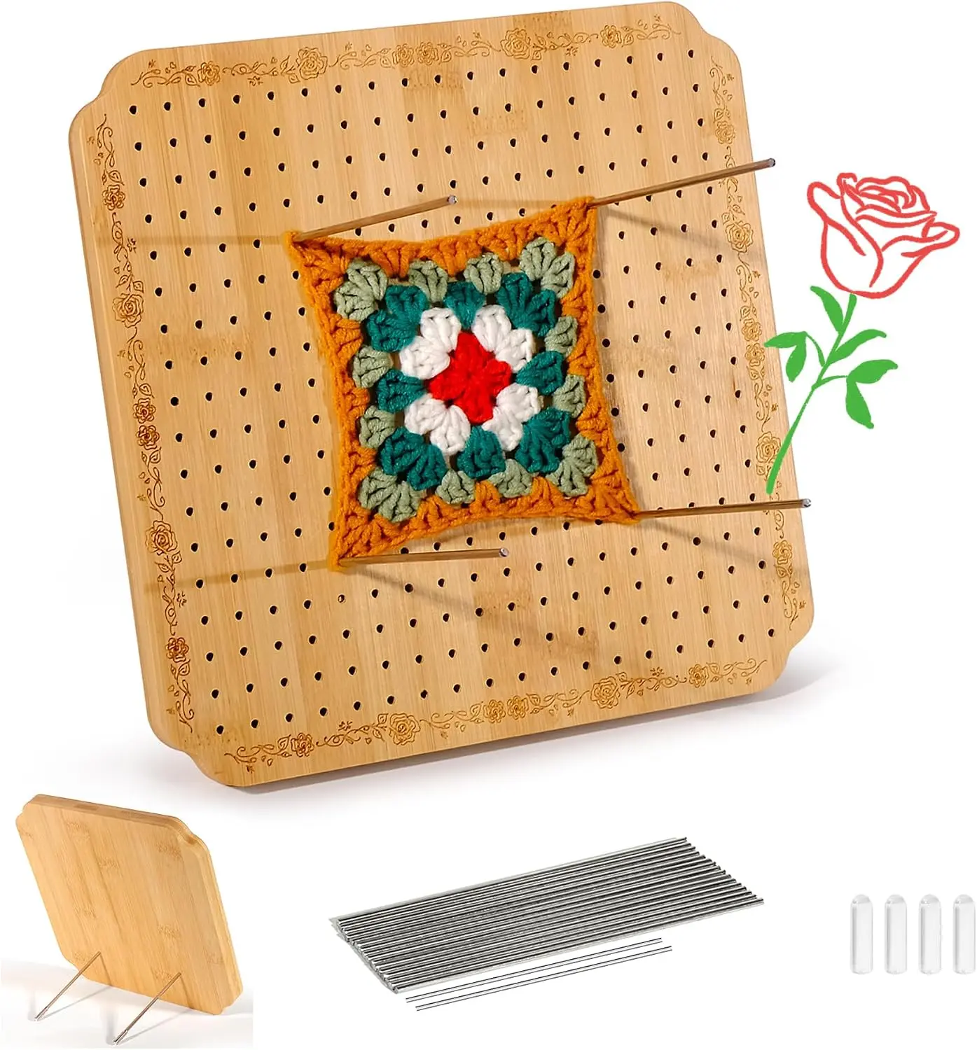 10 in Blocking Boards for Crochet Projects with Rose Pattern, Crochet Blocking Board with Pegs, Granny Square Blocking Board with 20 Stainless Steel Pegs, Bamboo