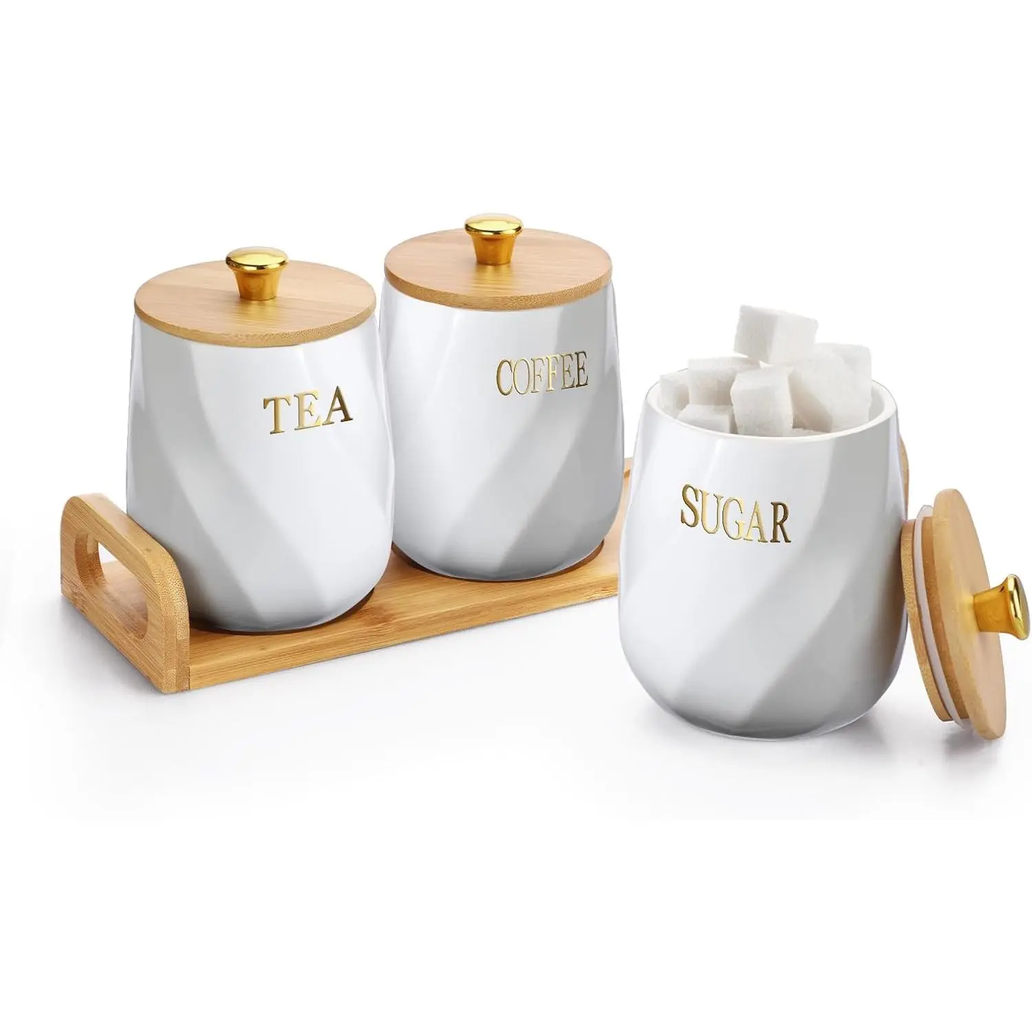 White Ceramic 3-Piece Canister Set with Lids, Handles, Tray - Kitchen Utensils, Container & Lid Food Storage for Sugar, Coffee - Elegant Kitchen Accent, Housewarming Gift Idea for Friends and Family