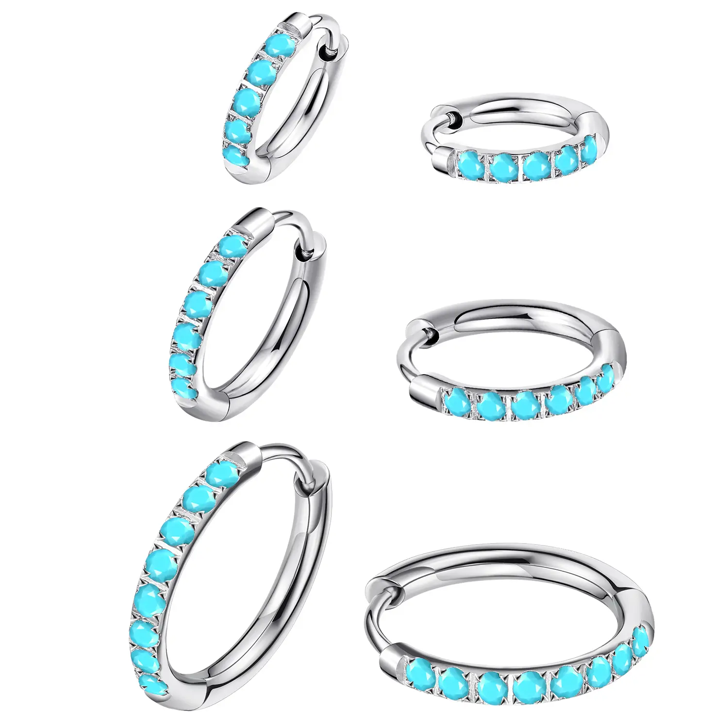 ENVYOU 316L Surgical Steel Turquoise Huggie Hoop Earrings Set - Chic, Lightweight Minimalist, Hypoallergenic Silver Cartilage Earrings for Multiple Piercings, Giftable Jewelry for Women, Chic Earrings