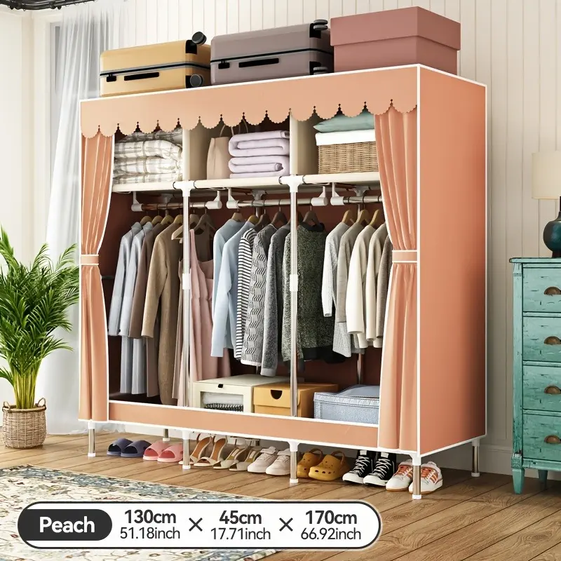 Portable Wardrobe Cabinet - 16mm Adjustable Metal Frame Closet Organizer, Non-Woven Fabric Cover, Freestanding Unit with 3 Hanging Rods, 6 Shelves, Grey Bedroom Furniture for Small Spaces