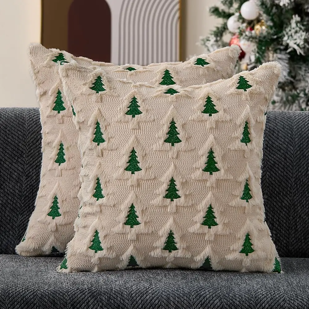 Christmas Pillow Covers 18x18 Set of 2 Beige Double Xmas Tree Pillow Covers Soft Plush Faux Fur Christmas Decorations for Xmas Winter Holiday Home Bedroom Sofa Cushion Cases Living Room Home Decor