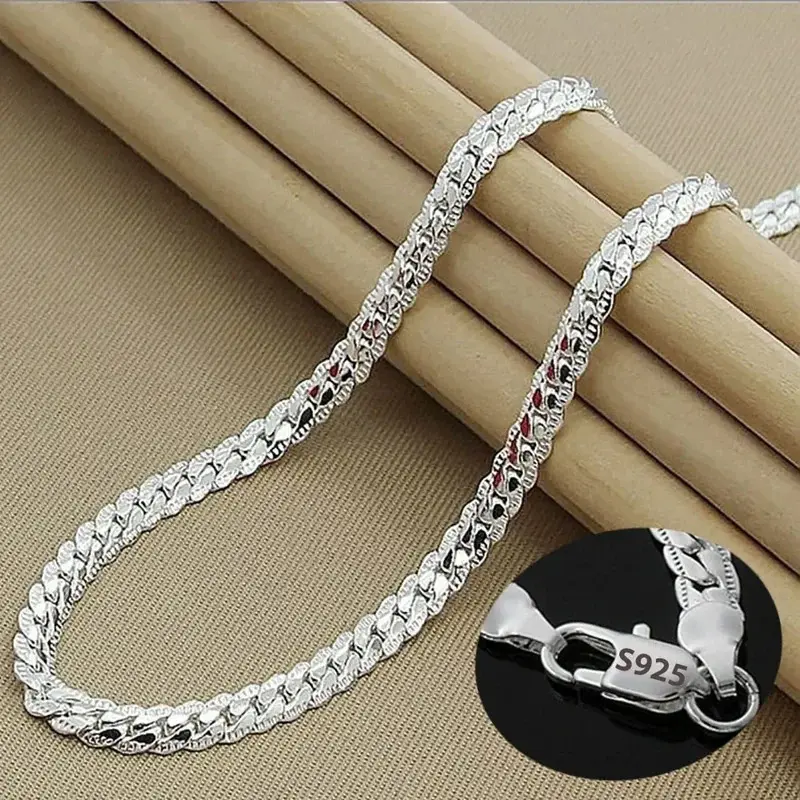 Nice Sterling Silver 6MM Full Sideways Chain Necklace For Women Men Fashion Sets Wedding Gift