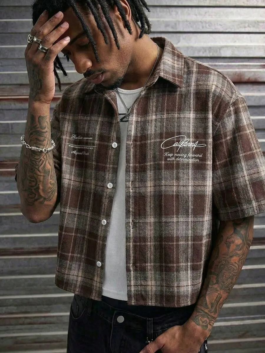 Men's Plaid Letter Print Single-Breasted Short Sleeve Shirt For Daily Wear