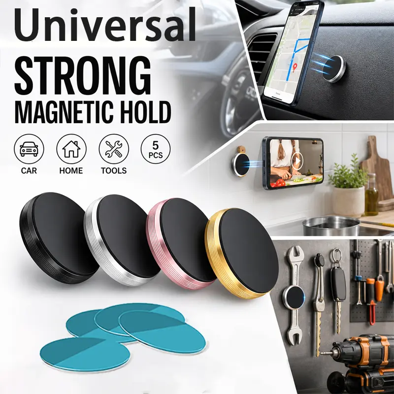 5pcs Powerful Magnetic Mobile Phone Holder Set - Car Dashboard Mount, with Metal Back Plates for iPhone, Samsung & Other Devices (Wall, Refrigerator Compatible)