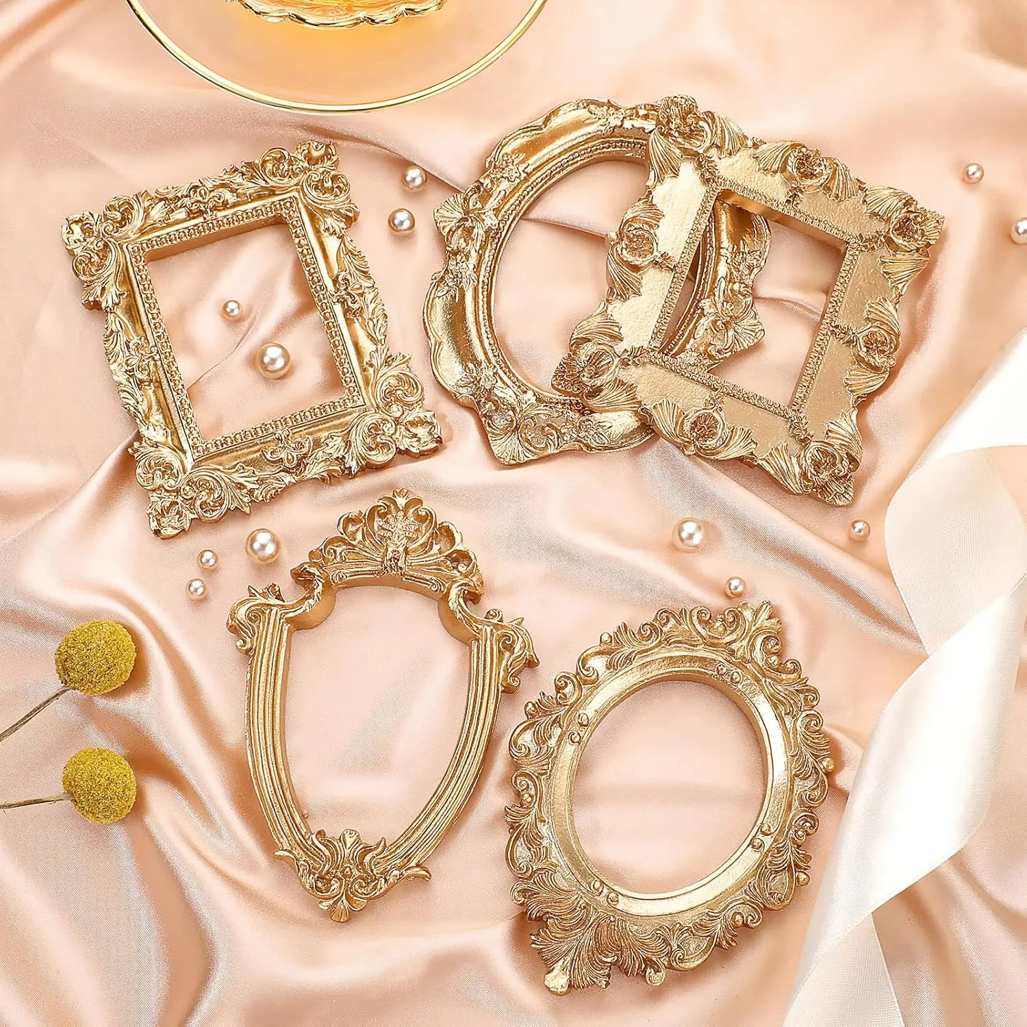 Vintage European Victorian Style Metallic Golden Resin Oval Mini Picture Frame Set - 5/14pcs, Floral Prop, Jewelry Display, Christmas Home Decor