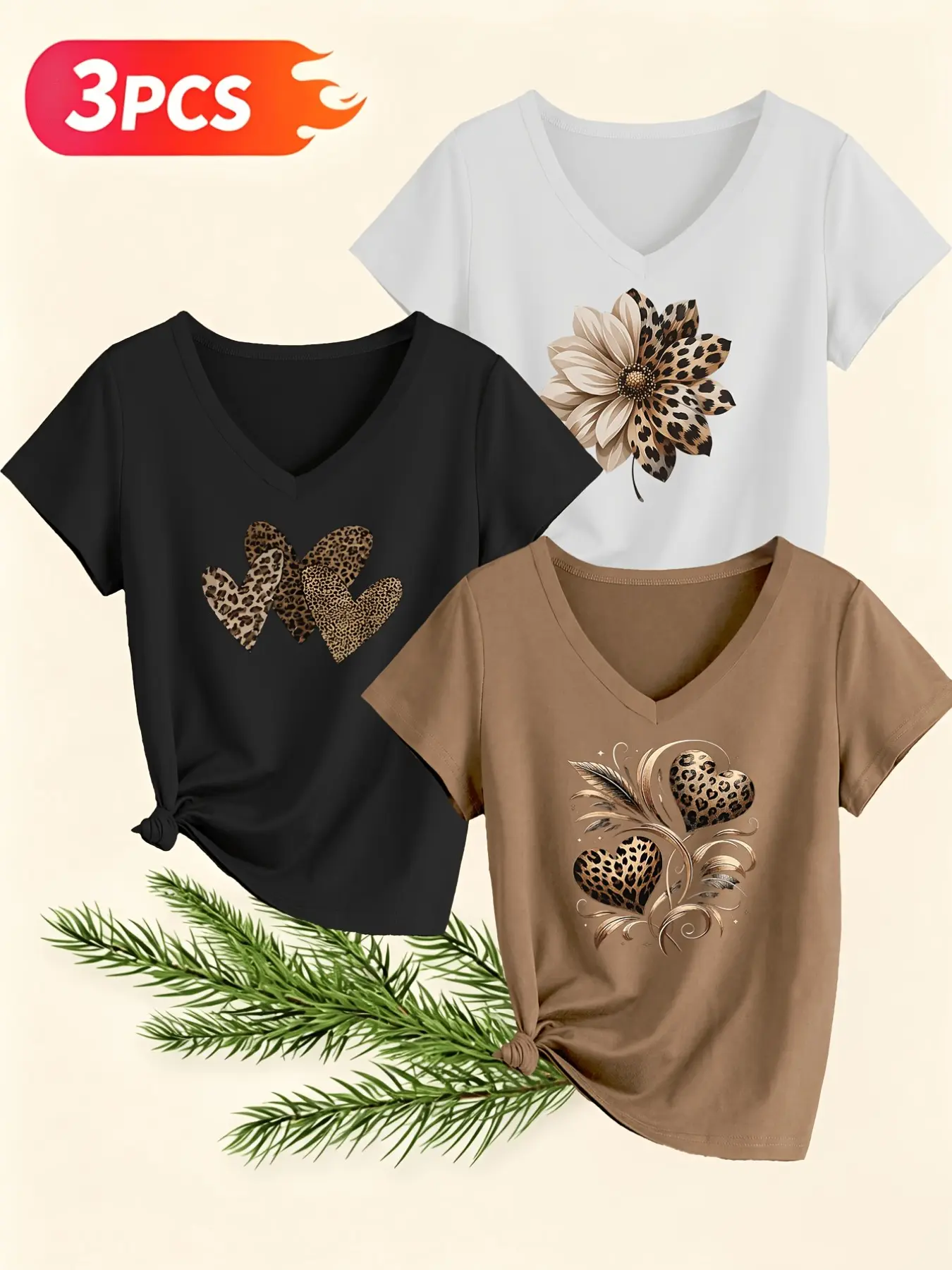 Women's 3-Pack V-Neck Short Sleeve T-Shirts, Womenswear Leopard Print Floral Casual Tee Tops Everyday Summer Tops, Breathable Stretch Fabric, All Seasons Fashion