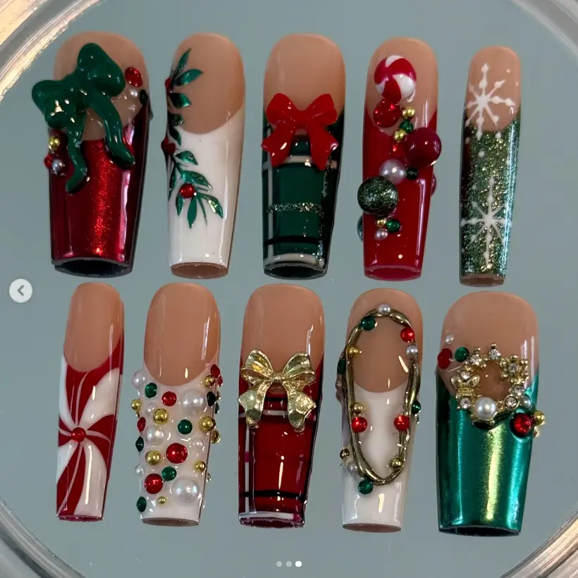 Red Green Christmas Press On Nails, Long Coffin Bow Ornament Snowflake Pearl Nails, Festive Holiday Party Set, Gift for Her