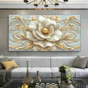 1 Piece Canvas Painting with Wood Frame - Elegant White Floral and Gold Leaf Design, Room Decor, Large Canvas Wall Art for Room, Bedroom, Living Room, Office Decoration Ornaments Artistic