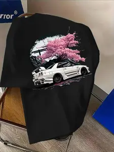 Men's Oversized JDM Nissan GTR R34 Graphic T-Shirt - Traditional Japanese Cherry Blossom & Torii Gate Aesthetic Design, Front Small Logo & Back Full Print, Soft Streetwear Shirt, Perfect for JDM Car Enthusiasts