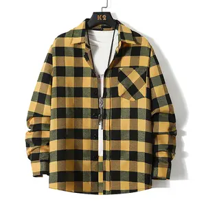 Spring and summer retro plaid shirt for men, loose large size polished long-sleeved shirt, trendy versatile casual jacket, daily commuting tooling top, comfortable and breathable contrasting color plaid design