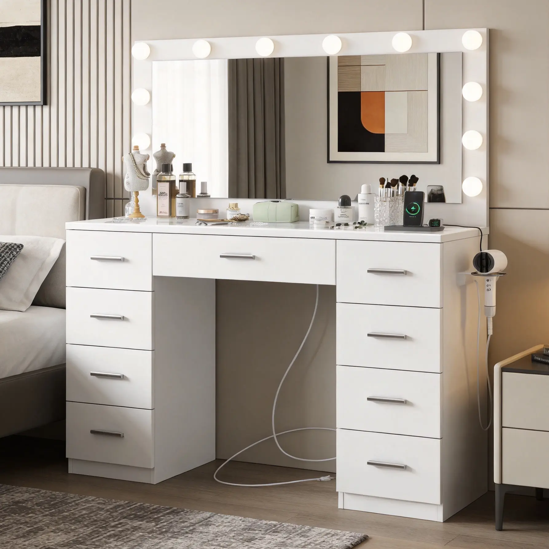 Women’s Lighted Mirror Makeup Vanity Desk with Large LED Mirror, 3 Adjustable Lighting Colors, 7 Drawers, Transparent Top, Charging Station, Versatile Makeup Dressing Desk for Beauty Routine, White