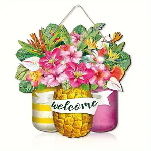 Vintage Floral Welcome Sign, Tropical Pineapple & Mimosa Flower, Ceramic Pot, No Power Required, Living Room Decor