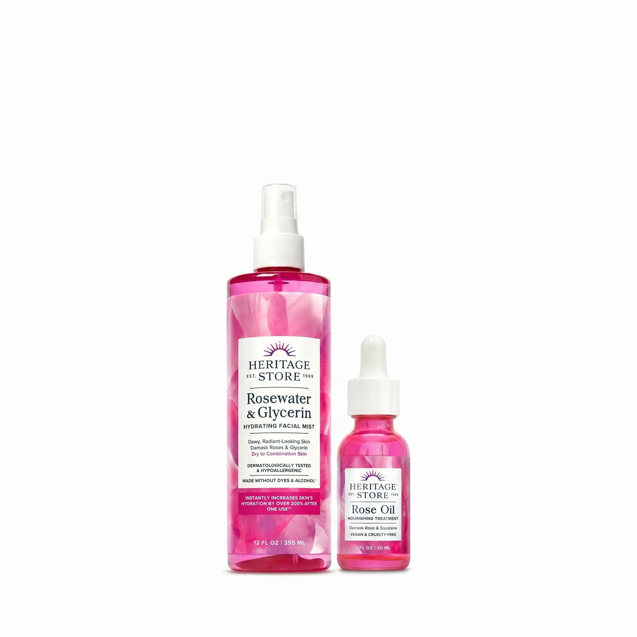HERITAGE STORE Iconic Hydration 2-Piece Skincare Set - Scented Rosewater & Glycerin Facial Mist (12 oz), Brightening Nourishing Hydrating Face Oil, Moisturizer for Dry/Combination Skin, Bottle for Routine Glow Up Prep