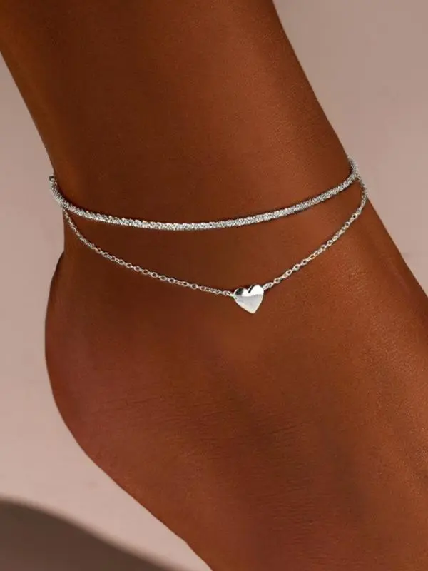 Silver-Plated Heart Anklet for Women, Dainty Double-Layer Ankle Bracelet with Adjustable Chain, Casual Jewelry for Daily & Festive Wear, Anklets For Women