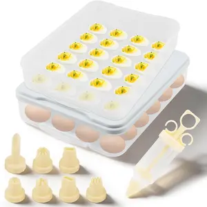 2-Layer Easter Deviled Egg Containers With Lid,48PCS Deviled Eggs Tray Carrier with Hand Injector Piping Tool, Platter Holder Organizer for Refrigerator Party Picnic Travel