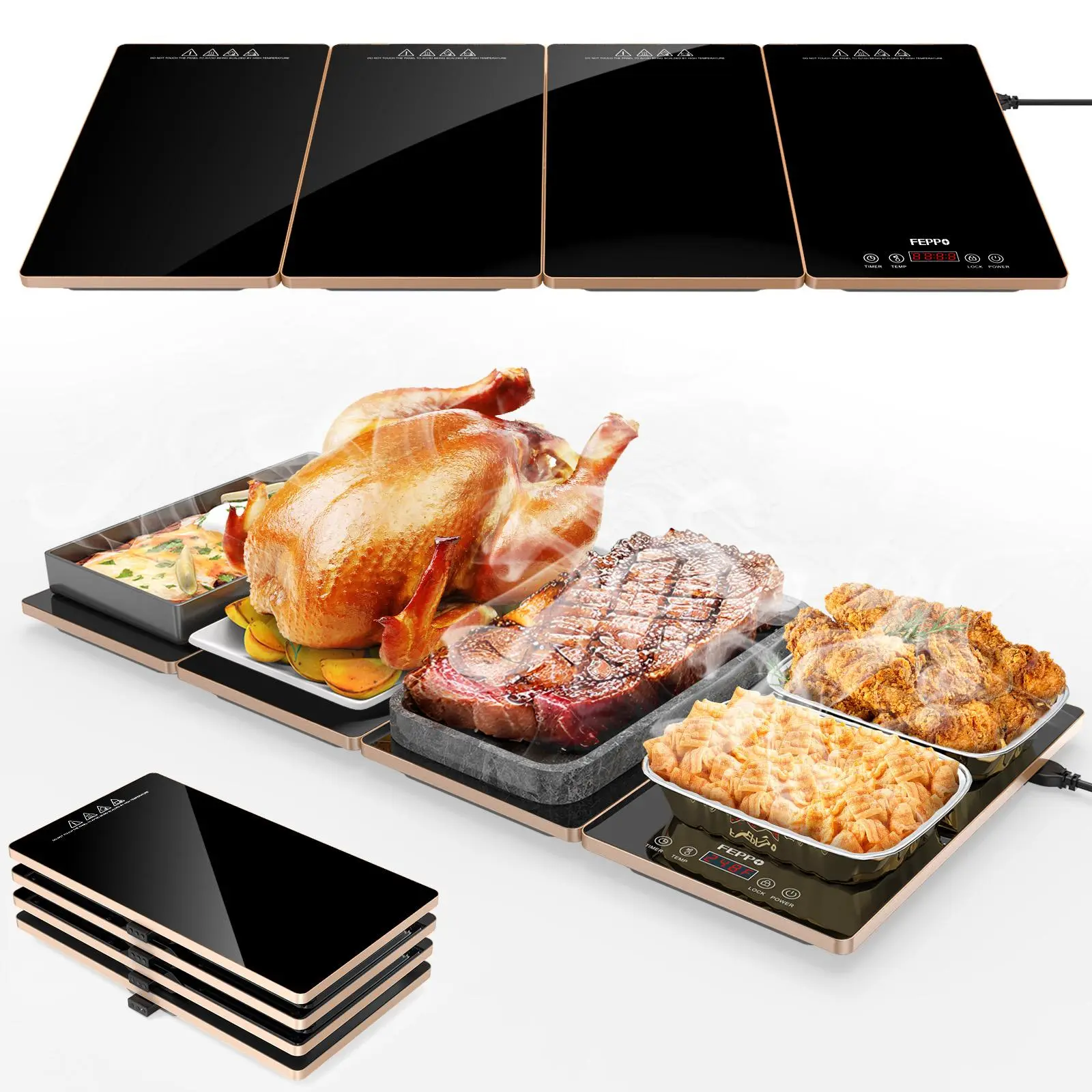 FEPPO Electric Warming Tray, 4-in-1 Food Warmers for Parties Buffet with 10 Temp Settings and Timer, 33"x15" Glass Surface Warming Mat for Food, Modular Buffet Hot Plates for Catering and Gatherings